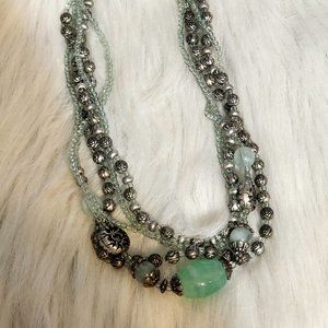 Premier Layered Green Glass and Silver Rose Necklace